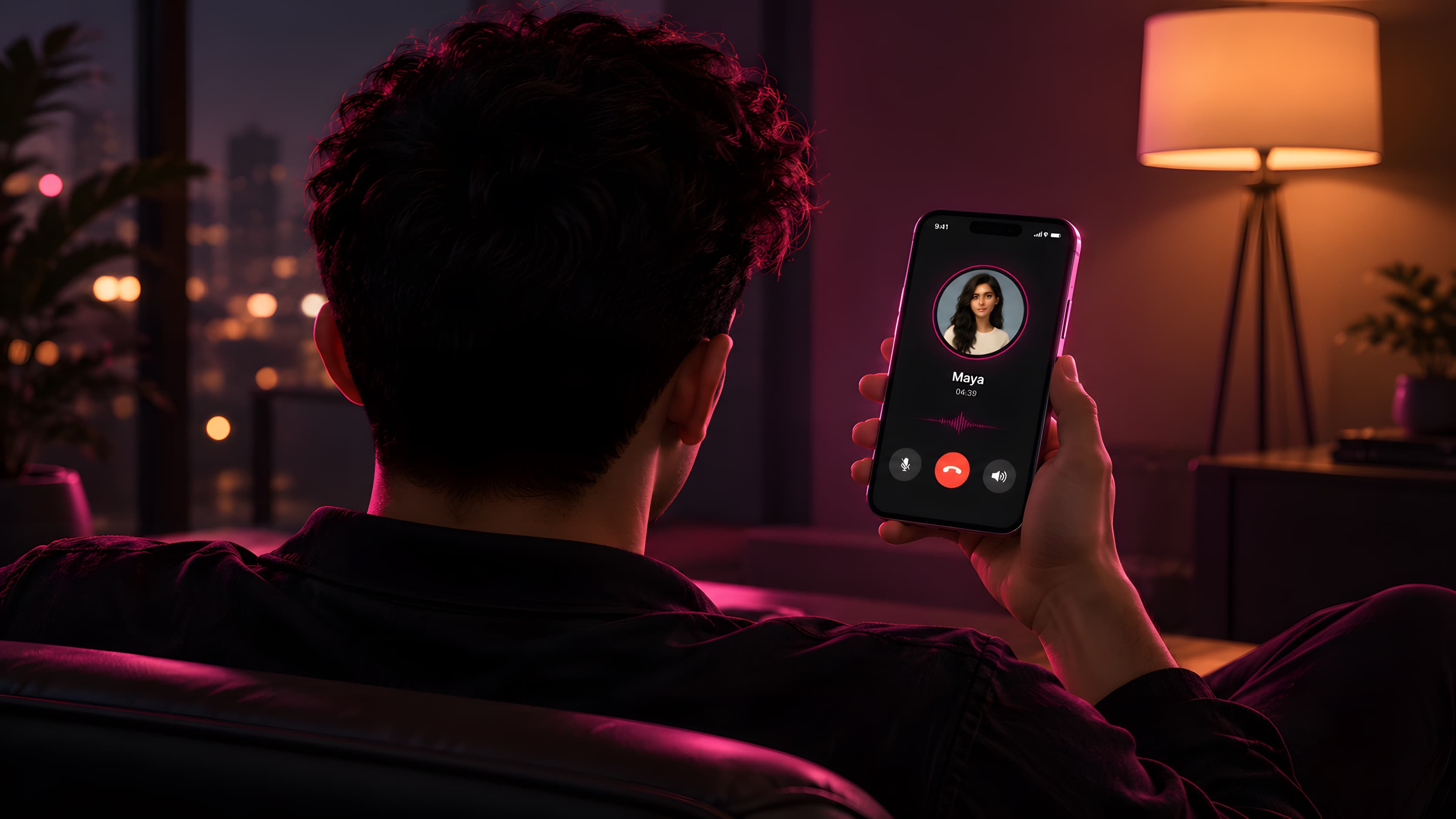 Someone on a sofa at night, mid-call with Maya on GoBanter